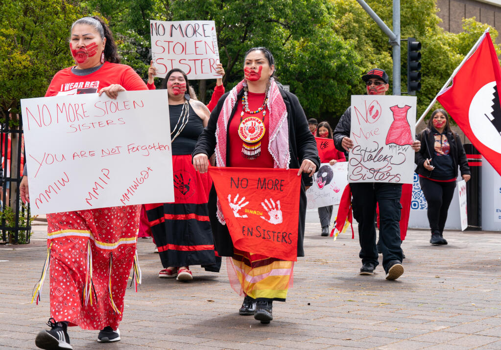 Lisa Diaz, Co-Founder of Redemption House of the Bay Area, leads the gathering of community members to Old Courthouse Square to raise awareness of Missing and Murdered Indigenous Women and Persons, Saturday, May 6, 2023, in Santa Rosa. (Nicholas Vides / For The Press Democrat)