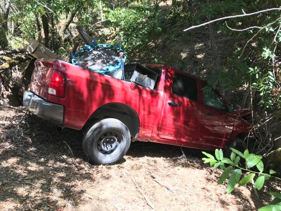 Richard Rea drove his red Dodge pickup  over an embankment on Asti Ridge Road near Cloverdale on Saturday, June 5, 2021, the California Highway Patrol said. (California Highway Patrol)