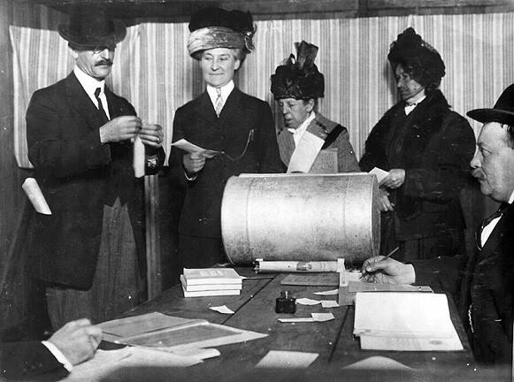 Three San Francisco women casting their ballots in the first election California women are able to vote in April, 1912 (California State Library Collection)