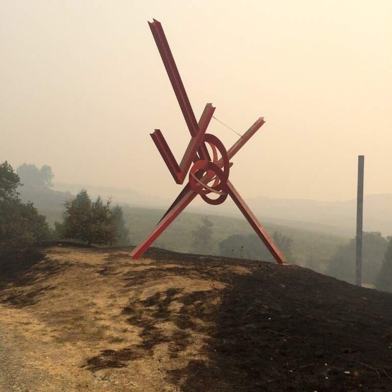Mark di Suvero's sculpture For Veronica (1987) photographed on October 10, 2017. di Rosa staff is currently working with conservators to assess artworks that were affected by the smoke and determine the professional cleaning measures required.