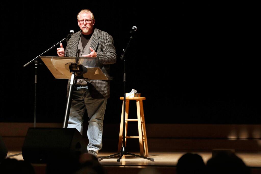 Dave Pokorny talks about his experiences during last October's Tubbs Fire during Thicker Than Smoke, an evening of community storytelling at Sonoma State University's Weill Hall in Rohnert Park, California, on Friday, August 3, 2018. (Alvin Jornada / The Press Democrat)