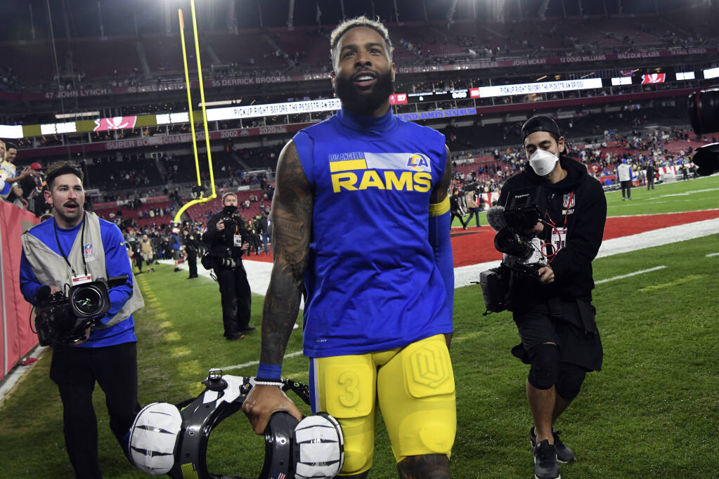 Los Angeles Rams wide receiver Odell Beckham Jr. (3) celebrates after the team defeated the Tampa Bay Buccaneers during a divisional-round playoff game on Jan. 23, 2022, in Tampa, Florida. (Jason Behnken / ASSOCIATED PRESS)
