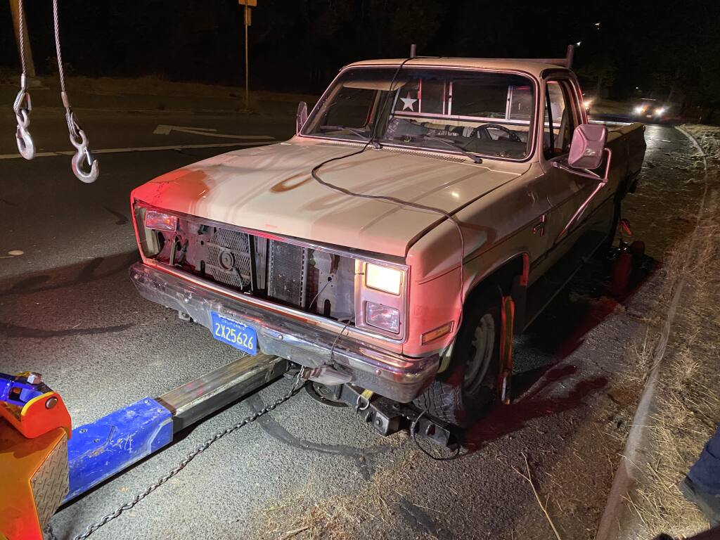 This image shows a Chevrolet pickup linked to a hit-and-run that left a Santa Rosa motorcyclist with life-threatening injuries Tuesday, Sept. 6, 2022. (Santa Rosa Police Department)