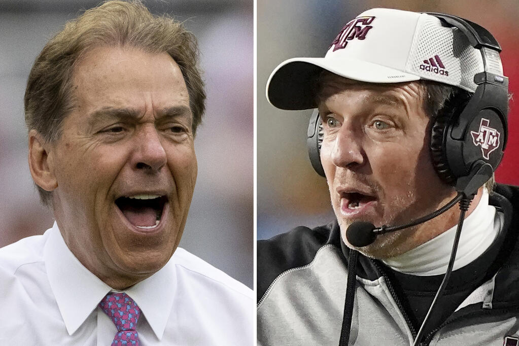 Texas A&M coach Jimbo Fisher, right, called Nick Saban, left, a “narcissist” on Thursday after the Alabama coach made “despicable” comments about the Aggies using endorsement deals to land their top-ranked recruiting classes. (ASSOCIATED PRESS FILE)