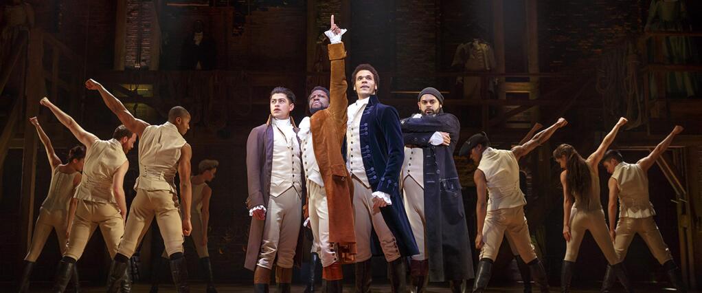 Ruben J. Carbajal, Michael Luwoye, Jordan Donica, Mathenee Treco and the nationa touring company of the award-winning musica 'Hamilton,' which recently opened in San Francisco. (JOAN MARCUS)