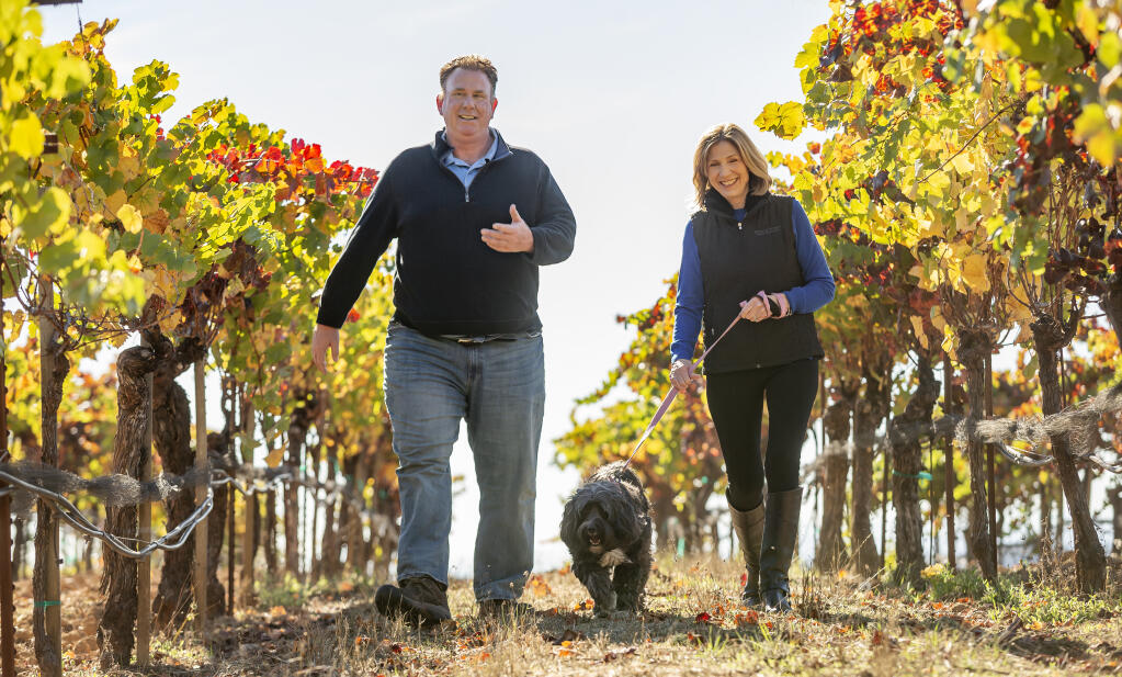 Mary Dewane, right, her dog, Maddy, and winemaker Mike Sullivan walk while sharing a laugh in the historic Cohn Vineyard, which is now 50 years old.  Its grapes are used in some of the finest bottlings, including for labels Kosta Browne, Williams Selyem and Benovia. (Chad Surmick / The Press Democrat)