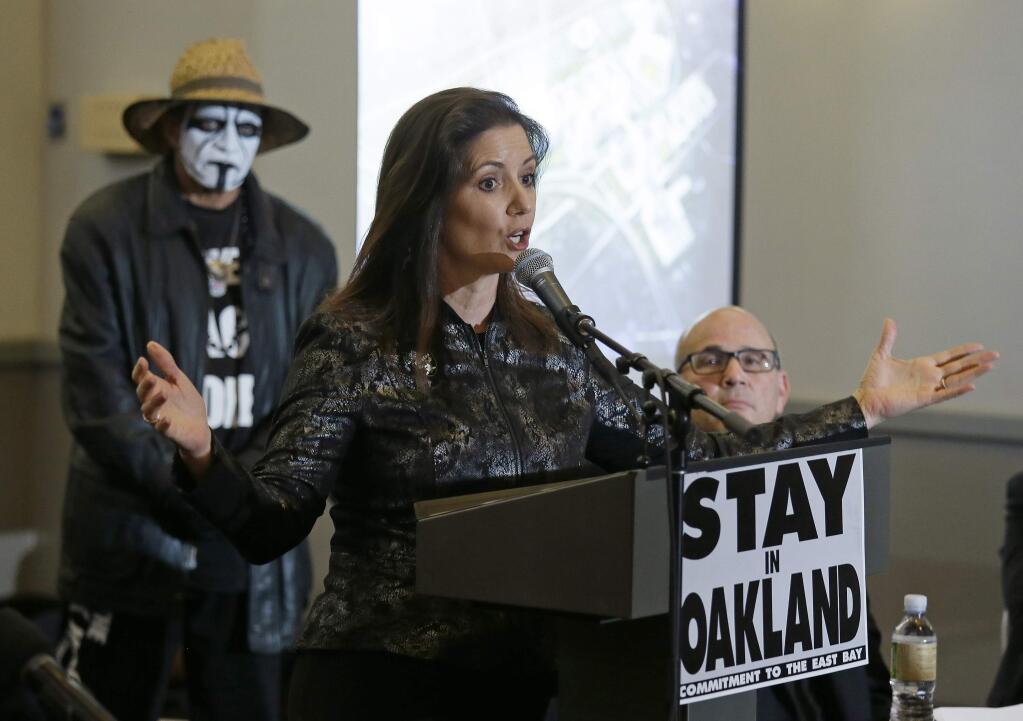 Oakland Mayor Libby Schaaf gestures while speaking during a rally to keep the Oakland Raiders from moving Saturday, March 25, 2017, in Oakland, Calif. (AP Photo/Eric Risberg)