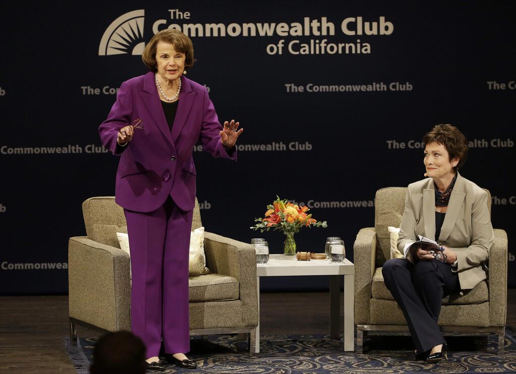 Sen. Dianne Feinstein and former Rep. Ellen Tauscher at the Commonwealth Club in San Francisco on Aug. 29. (JEFF CHIU / Associated Press)