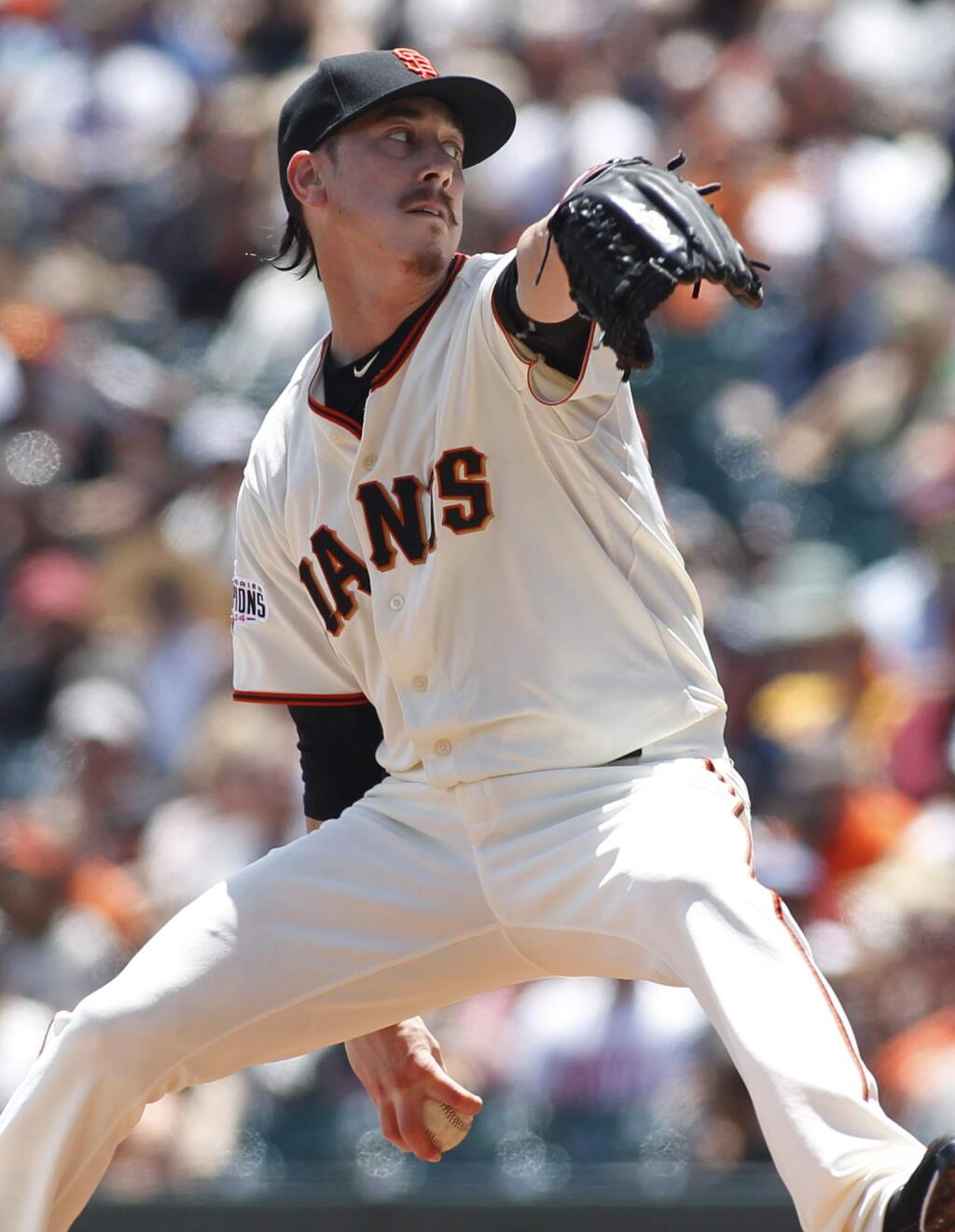 San Francisco Giants pitcher Tim Lincecum throws to the Colorado Rockies during the first inning of a baseball game, Saturday, June 27, 2015, in San Francisco. (AP Photo/George Nikitin)