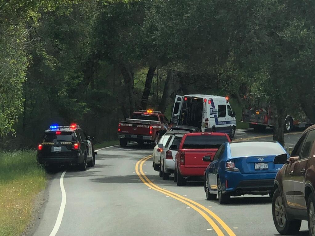Emergency crews at the scene of a motorcycle crash on Calistoga Road near Porter Creek Road on Sunday, May 6, 2018. (COURTESY OF ELTON YU)