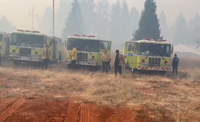 A screenshot from video showing the Sonoma County strike team meeting up for their assignment to help fight the Mosquito Fire on Thursday, Sept. 8, 2022. (Santa Rosa Fire Department/Twitter)