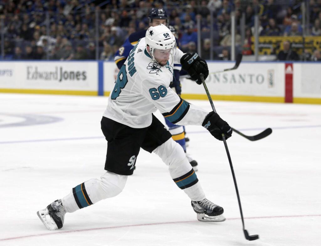San Jose Sharks' Melker Karlsson (68) shoots the puck during the first period of an NHL hockey game against the St. Louis Blues, Tuesday, Feb. 20, 2018 in St. Louis.(AP Photo/Tom Gannam)