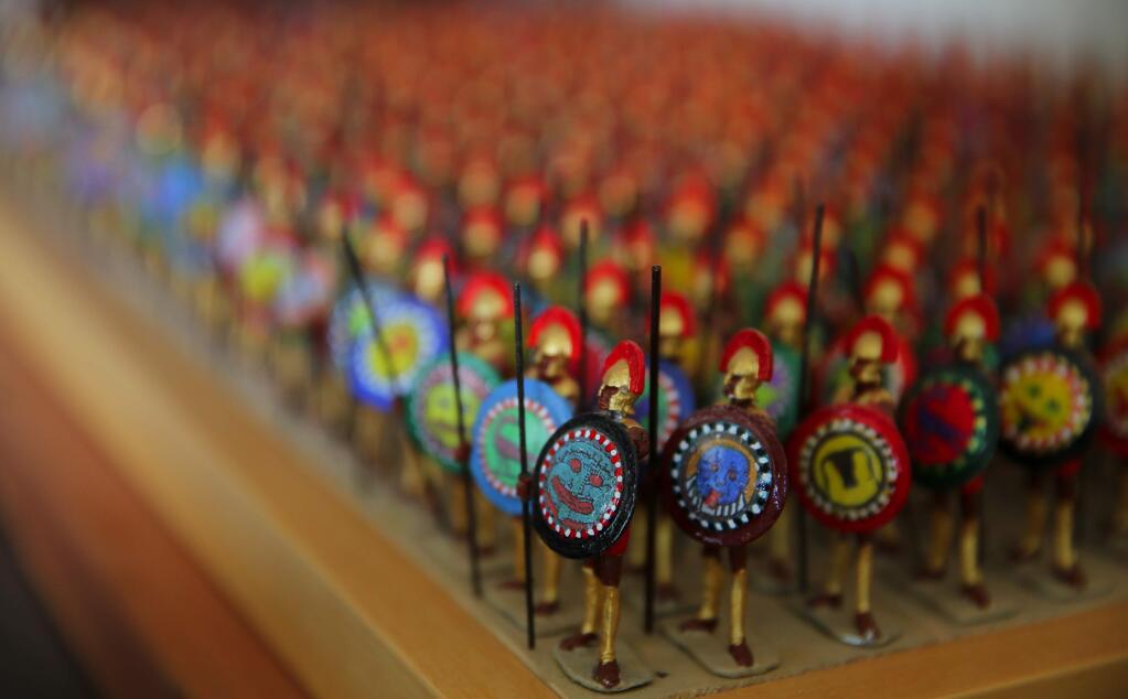 300 Spartans from the Battle of Thermopylae handcrafted by Dean Dizikes, each have an individualized shield. The project took Dizikes three years to complete.(Christopher Chung/ The Press Democrat)