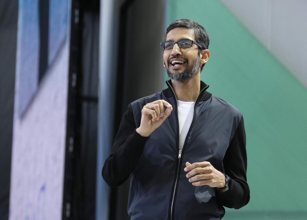 FILE - In this Wednesday, May 17, 2017 file photo, Google CEO Sundar Pichai delivers the keynote address of the Google I/O conference in Mountain View, Calif. Google says it has fired 48 employees for sexual harassment during the past two years and sent them away without a severance package. The surprise disclosure came Thursday, Oct. 25, 2018 in an email Google CEO Sundar Pichai sent to employees after The New York Times reported that the company had dismissed Andy Rubin the executive in charge of its Android software for sexual misconduct in 2014 and is still paying him a $90 million package. (AP Photo/Eric Risberg, File)