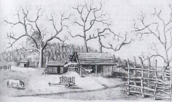 A rendering of the Miranda cabin from 1841. (Courtesy Bancroft Library)