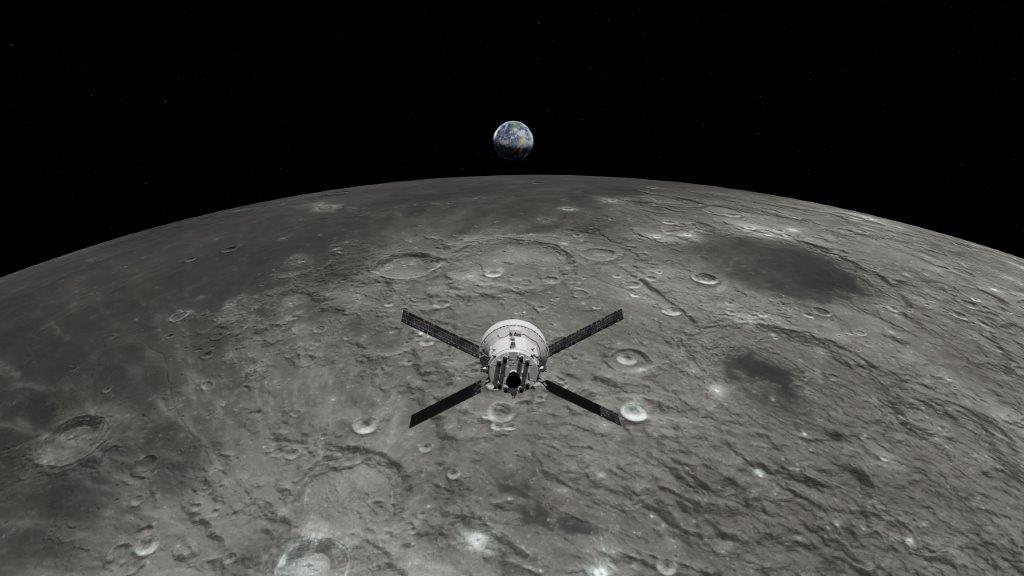 This computer animation shows a planned Moon orbit by the Orion spacecraft, a flight that may come as soon as November of this year. (courtesy of NASA)