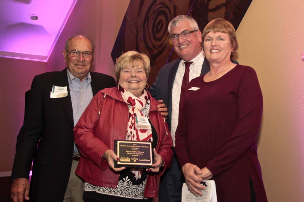 Kip & Marilyn Herzog with David Rabbitt and presenter Ruth McClure at the 2018 Petaluma Awards of Excellence held on April 5, 2018 at the Rooster Run Golf Club in Petaluma, CA. JIM JOHNSON for the Argus Courier.