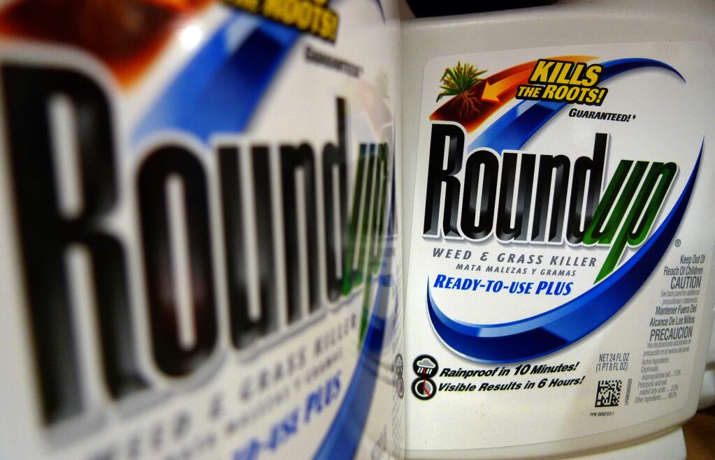 FILE - In this Tuesday, June 28, 2011, file photo, bottles of Roundup herbicide, a product of Monsanto, are displayed on a store shelf in St. Louis. (AP Photo/Jeff Roberson, File)