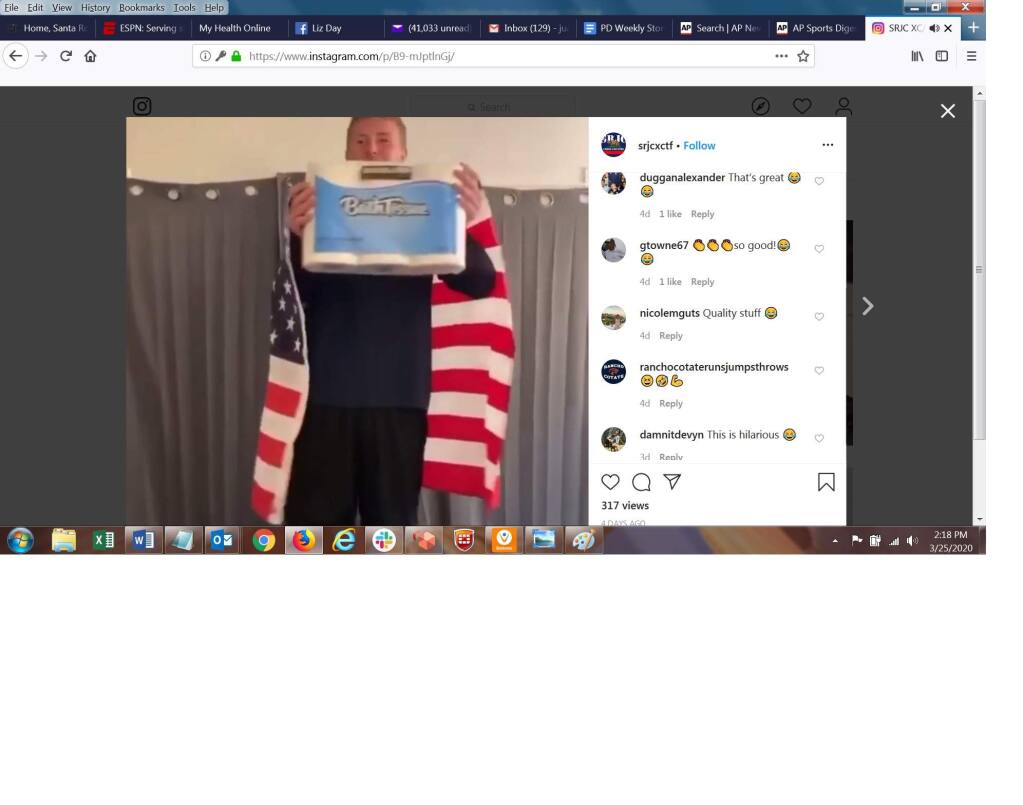 Santa Rosa JC athlete Jeff Morris accepts the accolades in a video he posted in which he runs through events in his apartment. (Jeff Morris via Instagram)