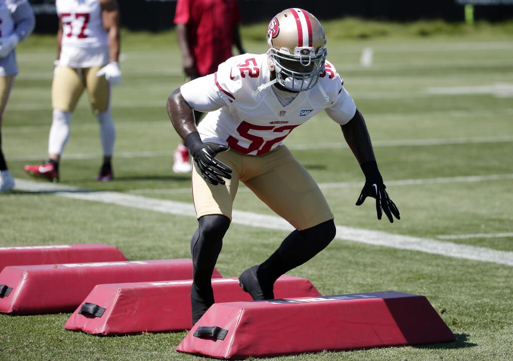San Francisco 49ers inside linebacker Patrick Willis (52) participates in drills during an NFL football training camp on Thursday, July 24, 2014, in Santa Clara. (AP Photo)