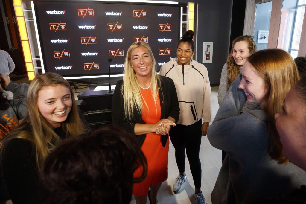 Eve Rackham, center, an El Molino grad, speaks to her players after a Jan. 11 news conference to introduce her as the new volleyball coach at the University of Tennessee in Knoxville. (Kyle Zedaker / Tennessee Athletics)