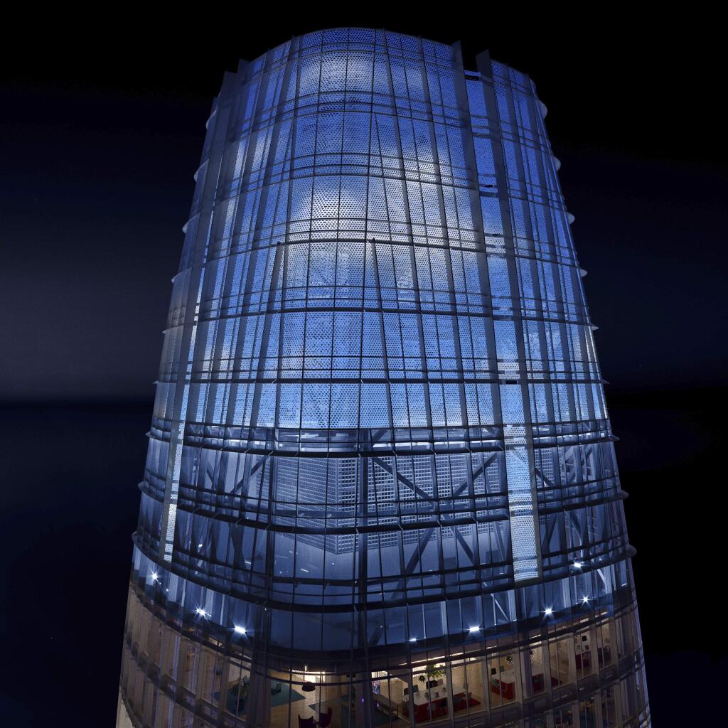 In this image depiction provided by LED artist Jim Campbell, an illuminated blue sky with puffy clouds is displayed on the nine-story electronic art installation atop San Francisco's Salesforce Tower currently under construction. This is being touted as the tallest public art installation in the United States and will be visible from almost anywhere in San Francisco. (Jim Campbell/via AP)