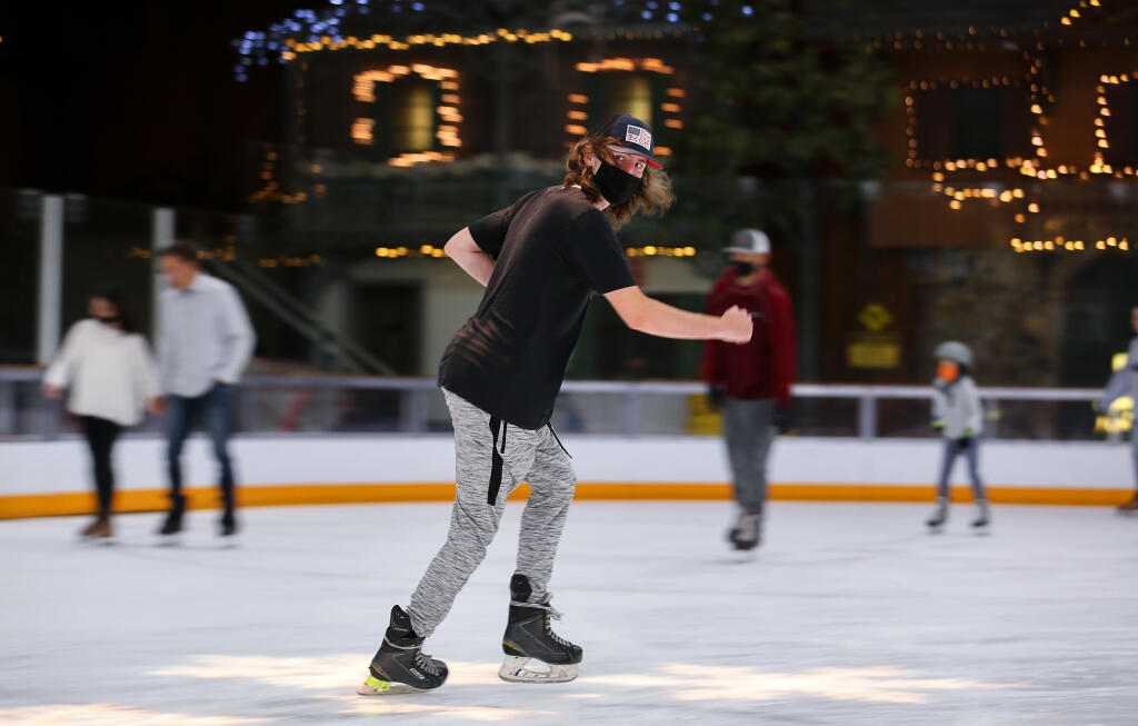 Travis Yarbrough skates backwards during the public skate session at Snoopy's Home Ice Redwood Empire Ice Arena in Santa Rosa on Wednesday, June 23, 2021.  (Christopher Chung/ The Press Democrat)