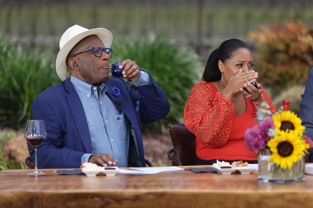 NBC’s “Today” show third hour co-hosts Al Roker and Sheinelle Jones react during an olive oil tasting while taping the show at St. Francis Winery in Santa Rosa, Thursday, April 20, 2023. (Beth Schlanker / The Press Democrat)