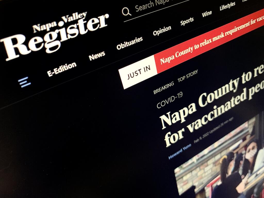 Screenshot of the Napa Valley Register website on Feb. 9, 2022. (North Bay Business Journal photo)