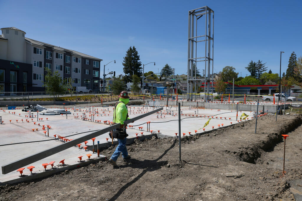Construction continues on a 43-unit affordable housing development along Petaluma Boulevard North in Petaluma, Tuesday, April 25, 2023. (Christopher Chung / The Press Democrat)