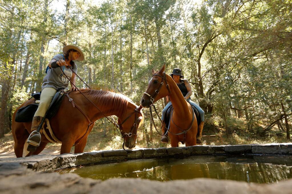 Carol Adair, left, of Upper Lake and her daughter Layla Neuroth of Santa Rosa bring their horses Congo and Bo to the water trough on Warren Richardson Trail at Annadel State Park in Santa Rosa, California on Wednesday, July 20, 2016. (Alvin Jornada / The Press Democrat)