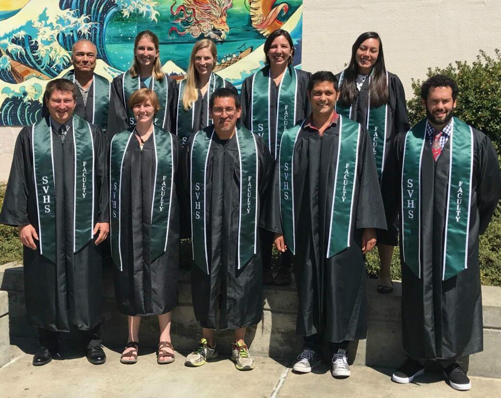 Sonoma Valley High School welcomed ten new certificated staff members this summer. From left to right (top) Tom Edwards - engineering/math/science; Anna Kelsch, English; Sarah DeSmet, math; Jamie Bywater, math; and Ely Gonzalez, English. Front row, Doug Watenpool, vice principal; Kelly O'Leary, science; Ruben Escamilla, math; Jonathan Rehberg, math; and Aaron Gildengorin, vice principal.