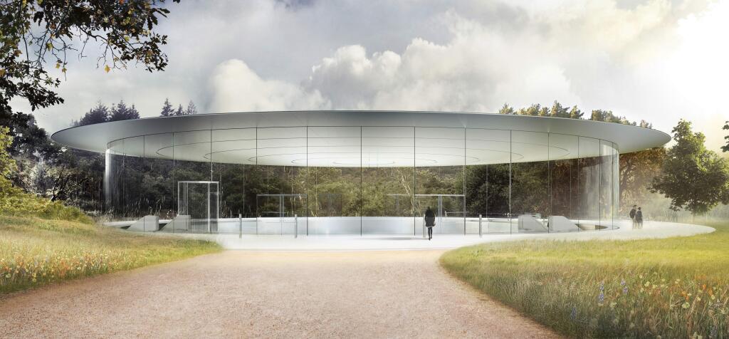 This image provided by Apple shows the Steve Jobs Theater at Apple Park in Cupertino, Calif. Apple announced that its new headquarters will open for employees in the spring 2017 and will include the theater named for late company co-founder. (Apple via AP)
