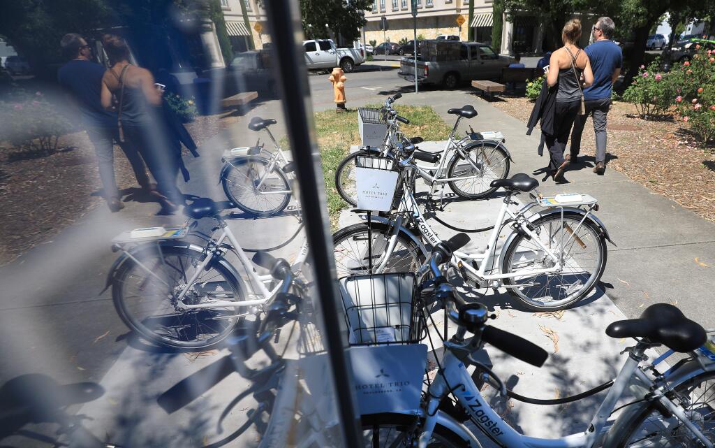 A bike-share station near the Healdsburg Plaza, Tuesday, June 18, 2019. (KENT PORTER/ PD)