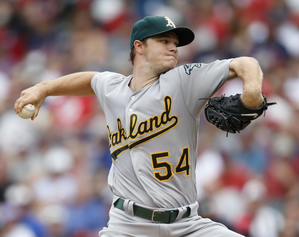 Oakland Athletics starting pitcher Sonny Gray delivers against the Cleveland Indians during the second inning of a baseball game Sunday, July 31, 2016, in Cleveland. (AP Photo/Ron Schwane)