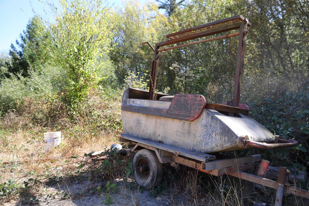 An old rollercoaster car that was turned into a barbecue sits at the former J's Amusements Park site in Guerneville on Monday, September 23, 2019. (Christopher Chung/ The Press Democrat)