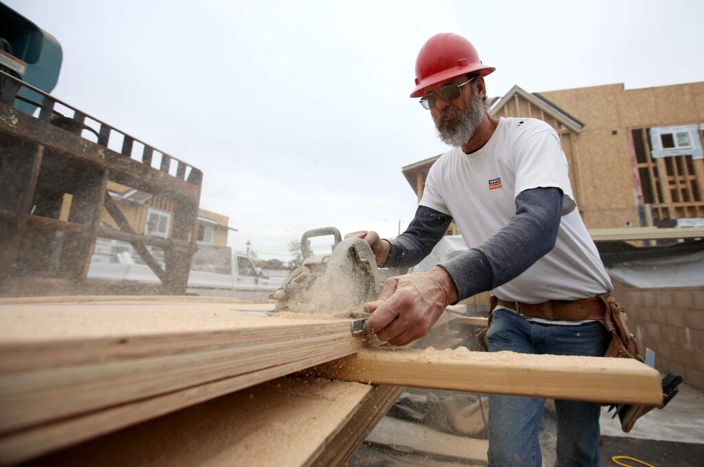 Madera Framing's 'Stretch' Hamilton cuts wood for a 42-unit affordable housing project called Tierra Springs that is going up at Kawana Springs Road and Petaluma Hill Road, Tuesday, January 27, 2015. (Crista Jeremiason / The Press Democrat)