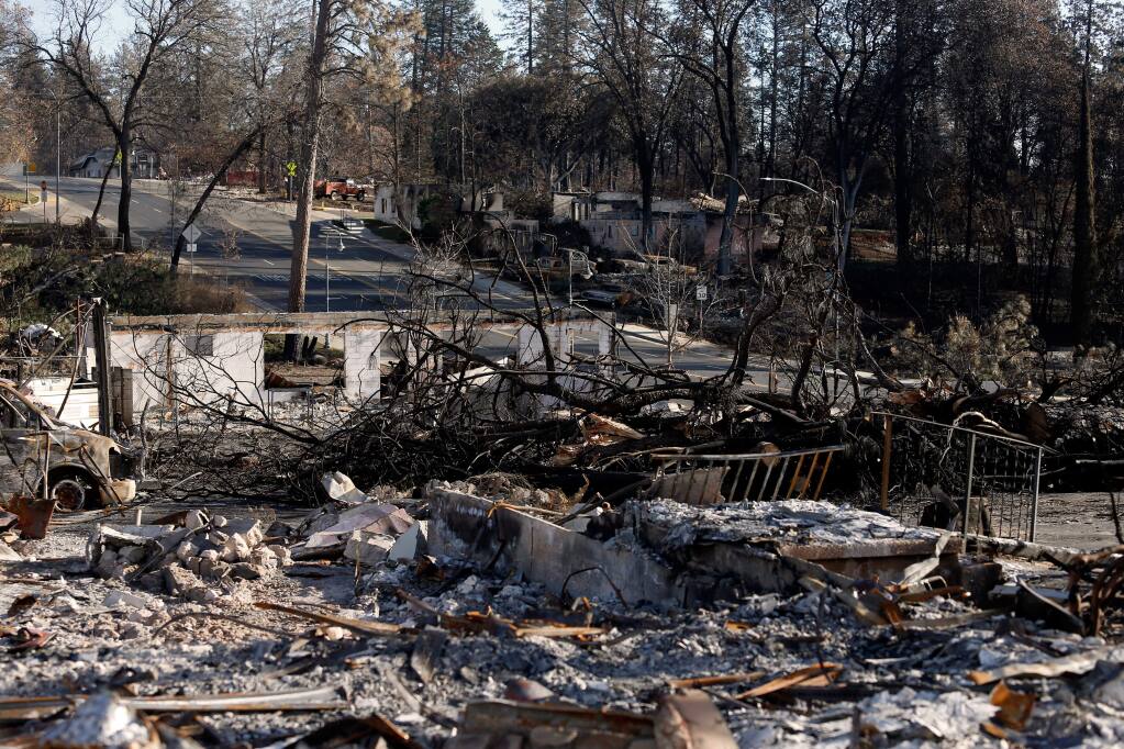 Businesses and homes along Pearson Road that burned down during the Camp Fire in Paradise, California, on Tuesday, December 11, 2018. (Alvin Jornada / The Press Democrat)