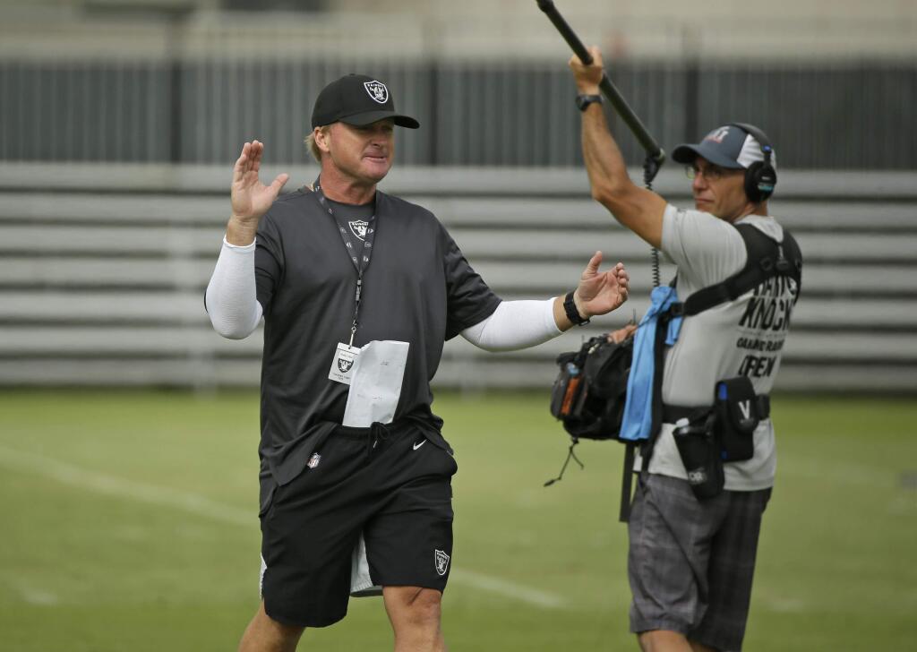 Oakland Raiders head coach Jon Gruden during training camp Monday, July 29, 2019, in Napa. (AP Photo/Eric Risberg)