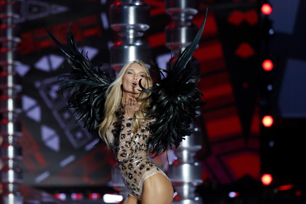 Model Romee Strijd wears a creation during the Victoria's Secret fashion show at the Mercedes-Benz Arena in Shanghai, China, Monday, Nov. 20, 2017. (AP Photo/Andy Wong)