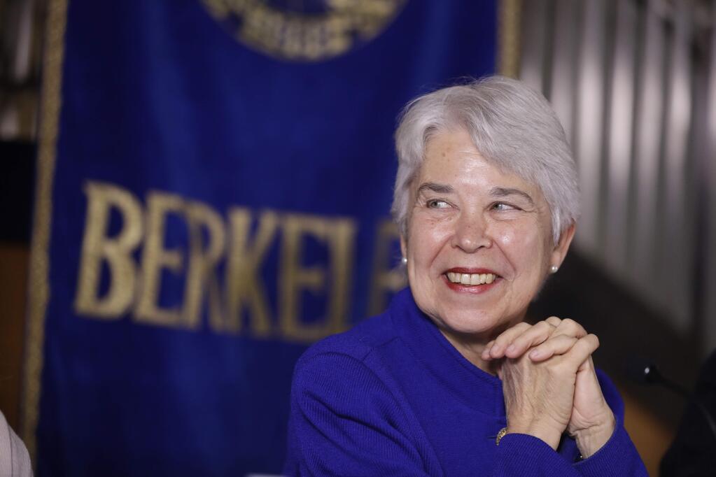 UC Berkeley Chancellor Carol Christ smiles during a press conference on the university's campus Tuesday, Aug. 15, 2017, in Berkeley, Calif. Christ says the university is committed to protecting free speech, and is allowing former Breitbart editor Ben Shapiro to visit and speak on campus, despite concerns about violent protests. (AP Photo/Marcio Jose Sanchez)