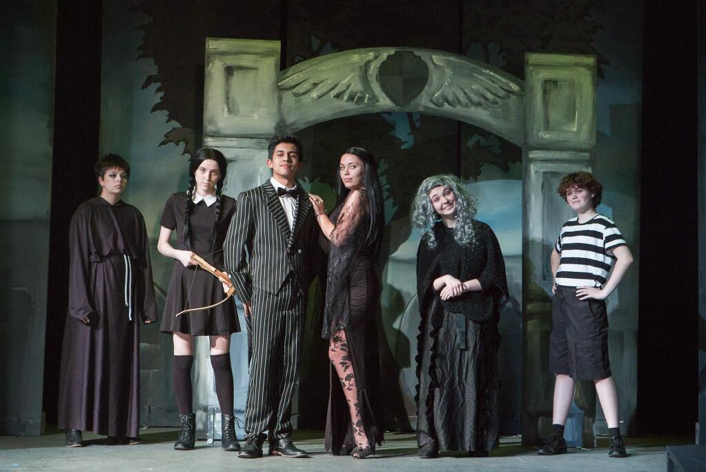 The students of Sonoma Valley High School's drama department present the musical comedy ‘The Addams Family', a story about ghoulish, macabre-loving family, whose only daughter falls in love with a 'normal' boy from a respectable family. Comedy ensues. From left, the players are: Michael Smilardi, Andie Raffaini, Luis Contreras, Ivy MacNeil Blackwood, Madeline Welcome and Alex Laurence. The full cast list is available online. The musical will play over two weekends – Feb. 1, 2, 3 and Feb. 8, 9, 10, in the Little Theatre on the high school campus. (Photo by Robbi Pengelly/Index-Tribune)
