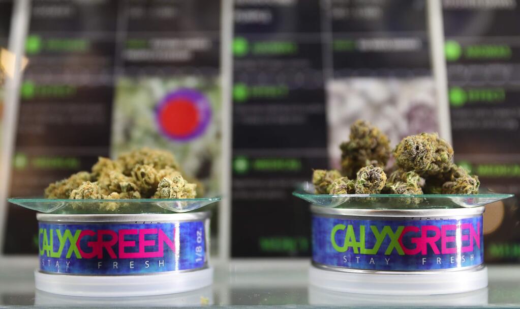 Cans of Calyx Green cannabis are on display in Cotati. The cannabis is sealed in nitrogen to preserve freshness.