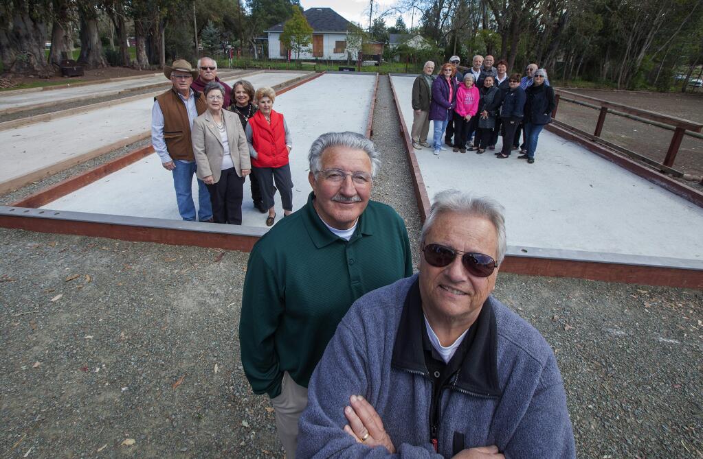 Robbi Pengelly/Index-tribuneNew bocce courtsThe new bocce courts at Depot Park are now open for business. In front are Nancy Dito, who donated the funds for one of the two new courts, and John Fanucchi, bocce chairman. Behind them, at left, are Don Orr (treasurer), Ron Hopkins (chair of the new court committee), Laurie Sebesta (scheduling coordinator), Farrrel Beddome (president, Sonoma Sister Cities), and Ginette Cary (player agent). At right are more bocce ball enthusiasts who look forward to playing on the new courts.