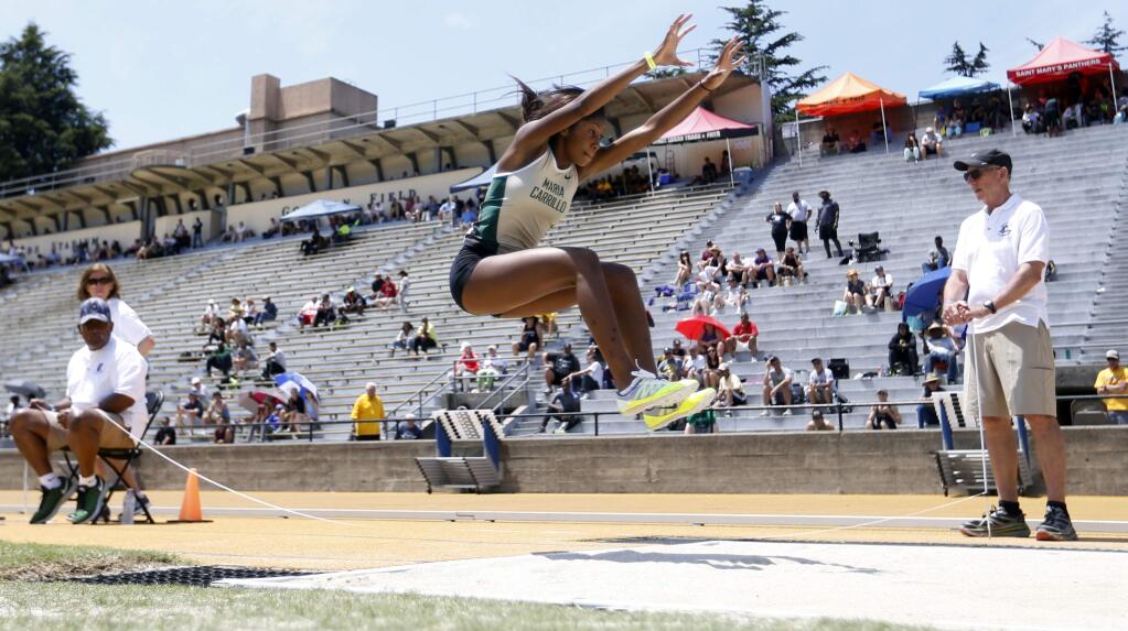 Maria Carillo's Amani Baker competes in the long jump at the Meet of Champions, Saturday, May 28, 2016, at Edwards Stadium on the campus of the University of California, in Berkeley, Calif. (Photo by D. Ross Cameron)