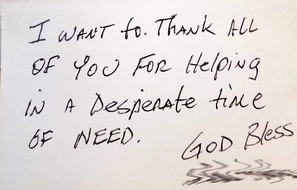A note that a client wrote to volunteers at F.I.S.H.