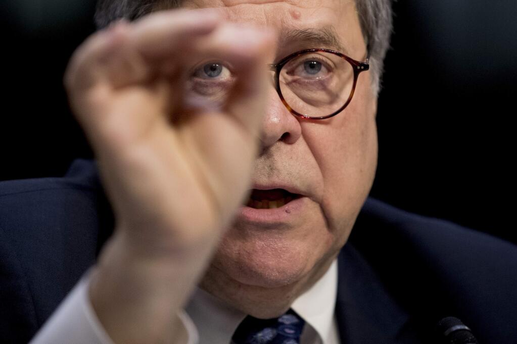 FILE - In this Jan. 15, 2019, file photo, then-Attorney General nominee William Barr testifies during a Senate Judiciary Committee hearing on Capitol Hill in Washington, Tuesday, Jan. 15, 2019. (AP Photo/Andrew Harnik, File)