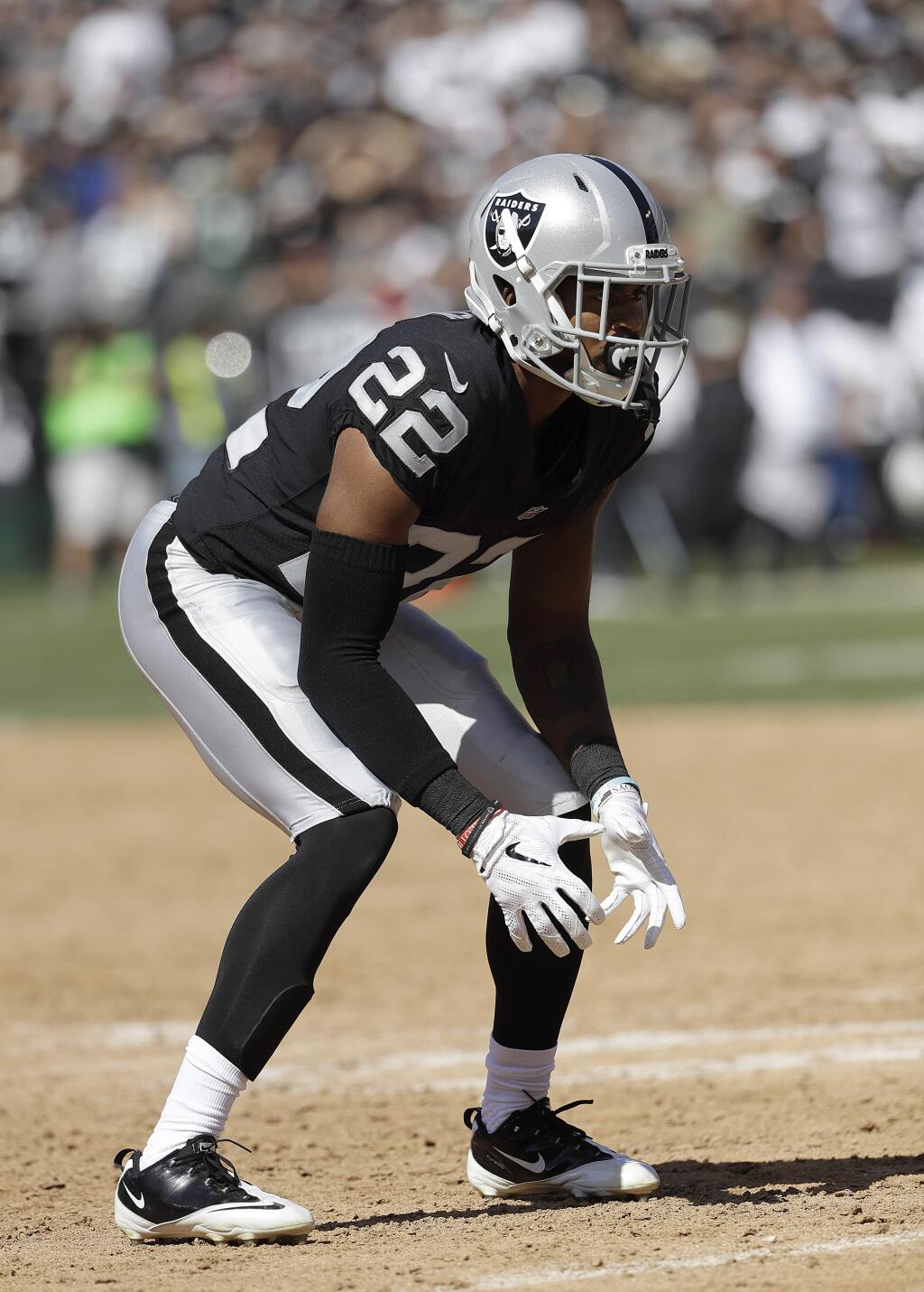 In this Sept. 17, 2017, file photo, Oakland Raiders cornerback Gareon Conley readies for a play by the New York Jets during the second half in Oakland. With top two picks Conley and Obi Melifonwu missing most of their rookie seasons with injuries and a group of defensive tackles taken in recent years failing to bolster a lacking interior pass rush, the Raiders have struggled all season defensively. (AP Photo/Marcio Jose Sanchez, File)