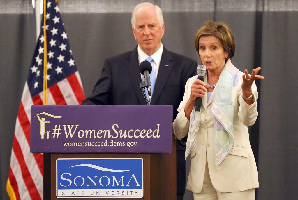 Rep. Mike Thompson, D-St. Helena, and House Minority Leader Nancy Pelosi answer questions during an August 2014 forum at Sonoma State University. (CHRISTOPHER CHUNG/ PD FILE)