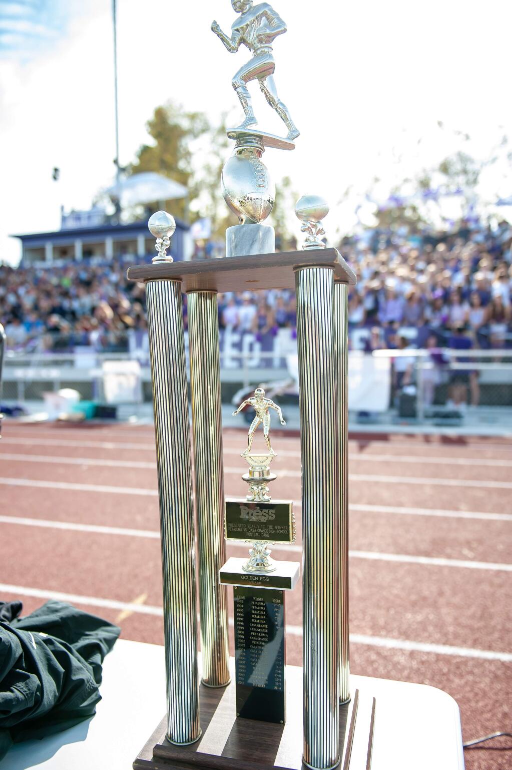 The Press Democrat sponsors the Golden Egg, the trophy awarded annually to the winner of the Egg Bowl. For 2018-19, Casa Grande will hold the honor. ANDREW GOTSHALL/FOR THE ARGUS-COURIER